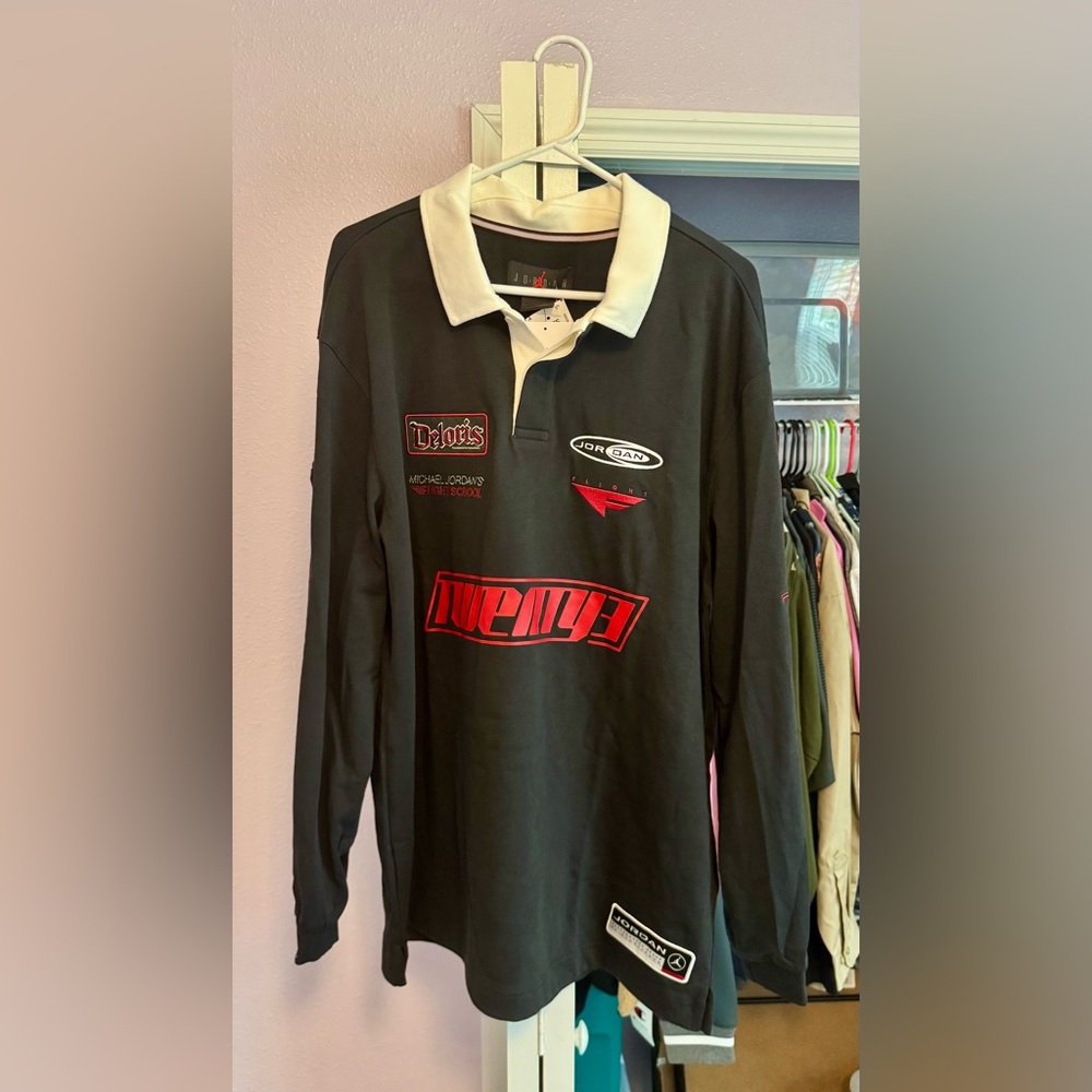 Nike Jordan Flight School Twenty3 Rugby Shirt Mens L Black Red Deloris Patch
